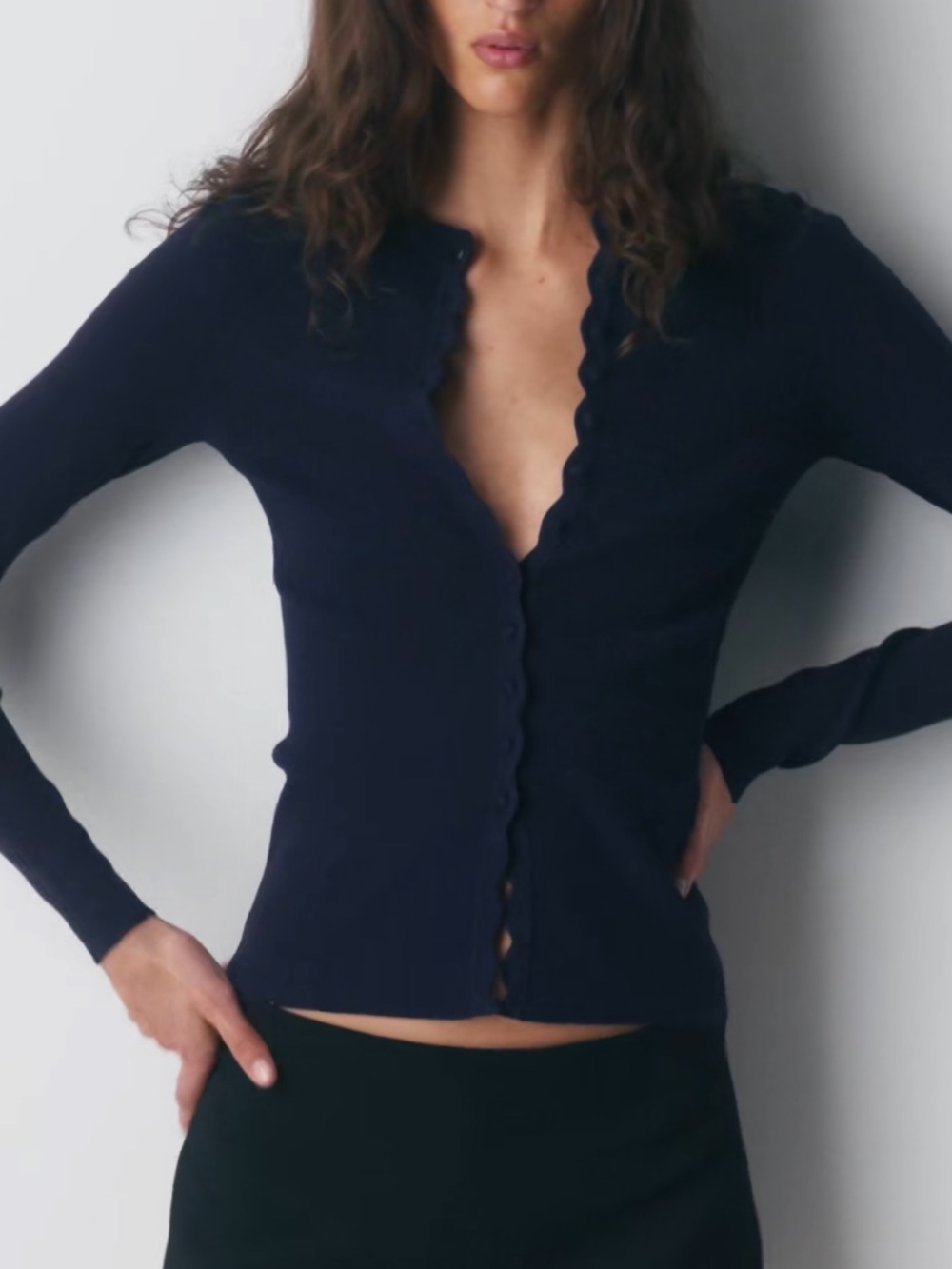 Aritzia Wilfred Shelly Cardigan Navy Blue Scalloped Detail Size Large - Picture 7 of 14